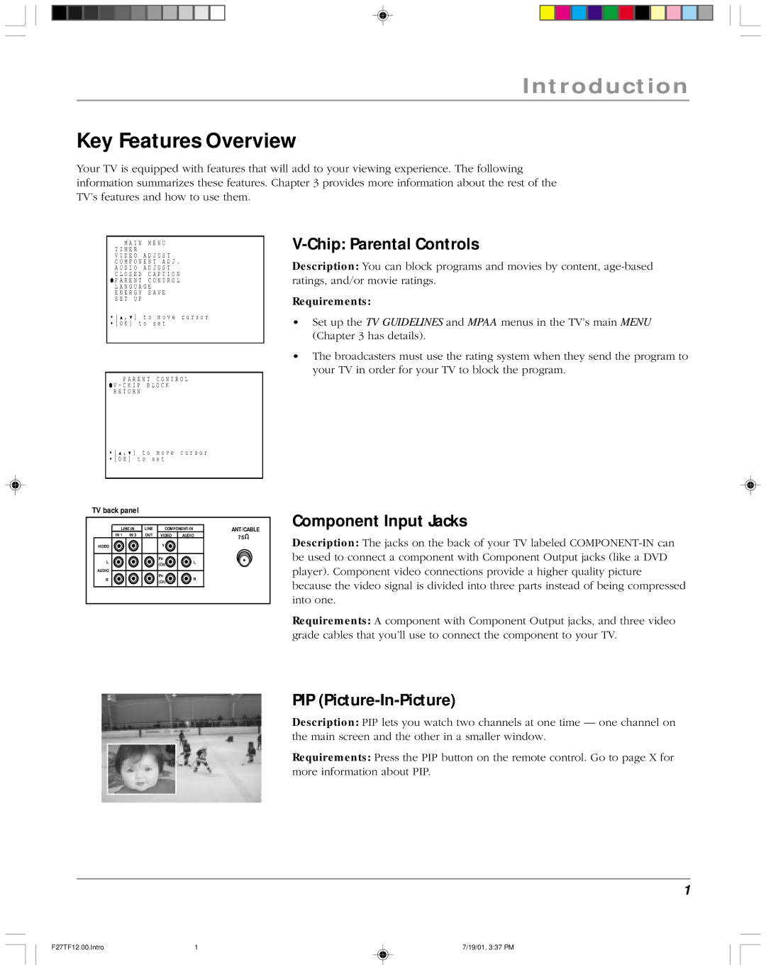 RCA F27TF12 Introduction, Key Features Overview, Chip Parental Controls, Component Input Jacks, PIP Picture-In-Picture 