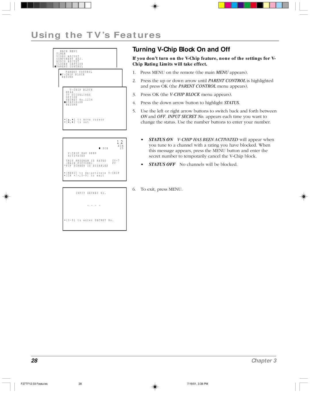 RCA F27TF12 manual Turning V-Chip Block On and Off, T I V a T E D 