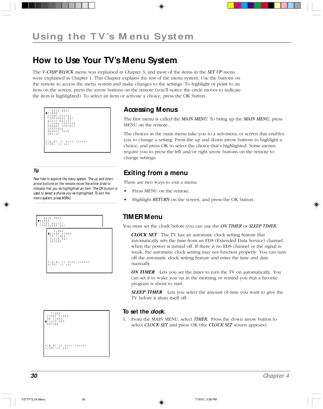 RCA F27TF12 manual Using the TV’s Menu System, How to Use Your TV’s Menu System, Accessing Menus, Exiting from a menu 