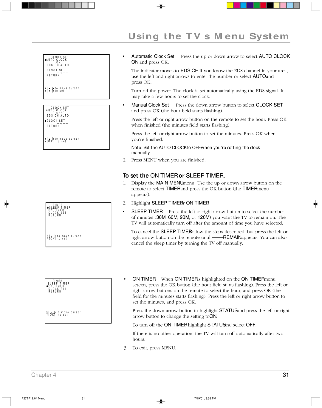 RCA F27TF12 manual To set the on Timer or Sleep Timer 