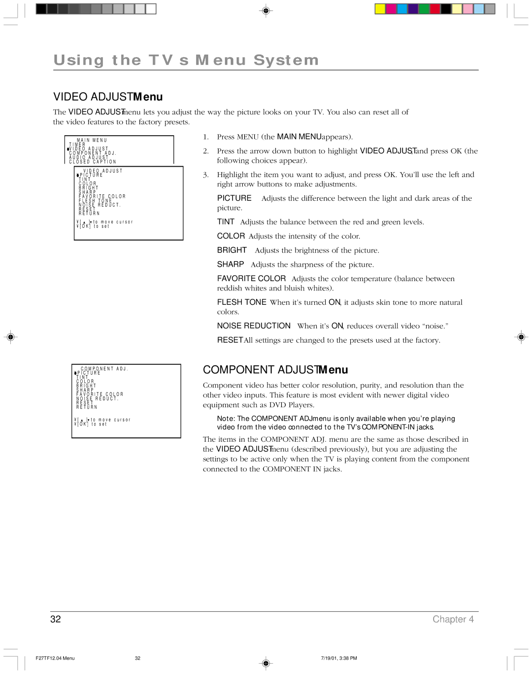 RCA F27TF12 manual Video Adjust Menu, Component Adjust Menu 