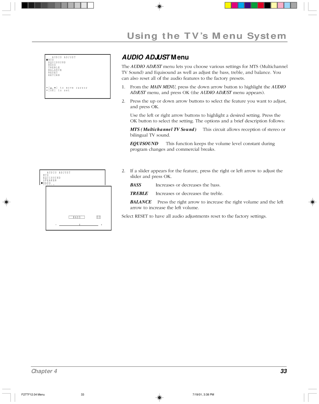 RCA F27TF12 manual Audio Adjust Menu 