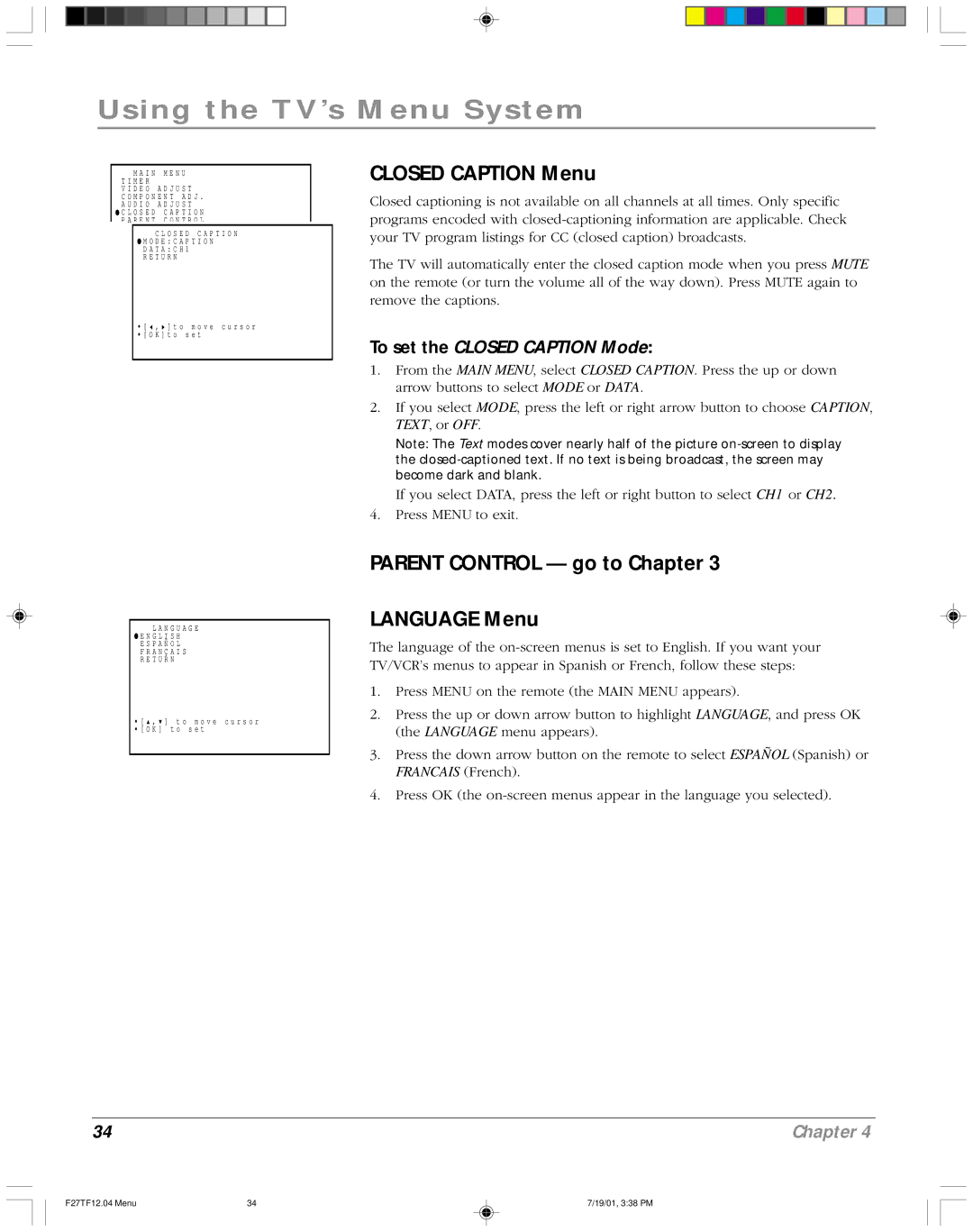 RCA F27TF12 manual Parent Control go to Chapter Language Menu, To set the Closed Caption Mode 