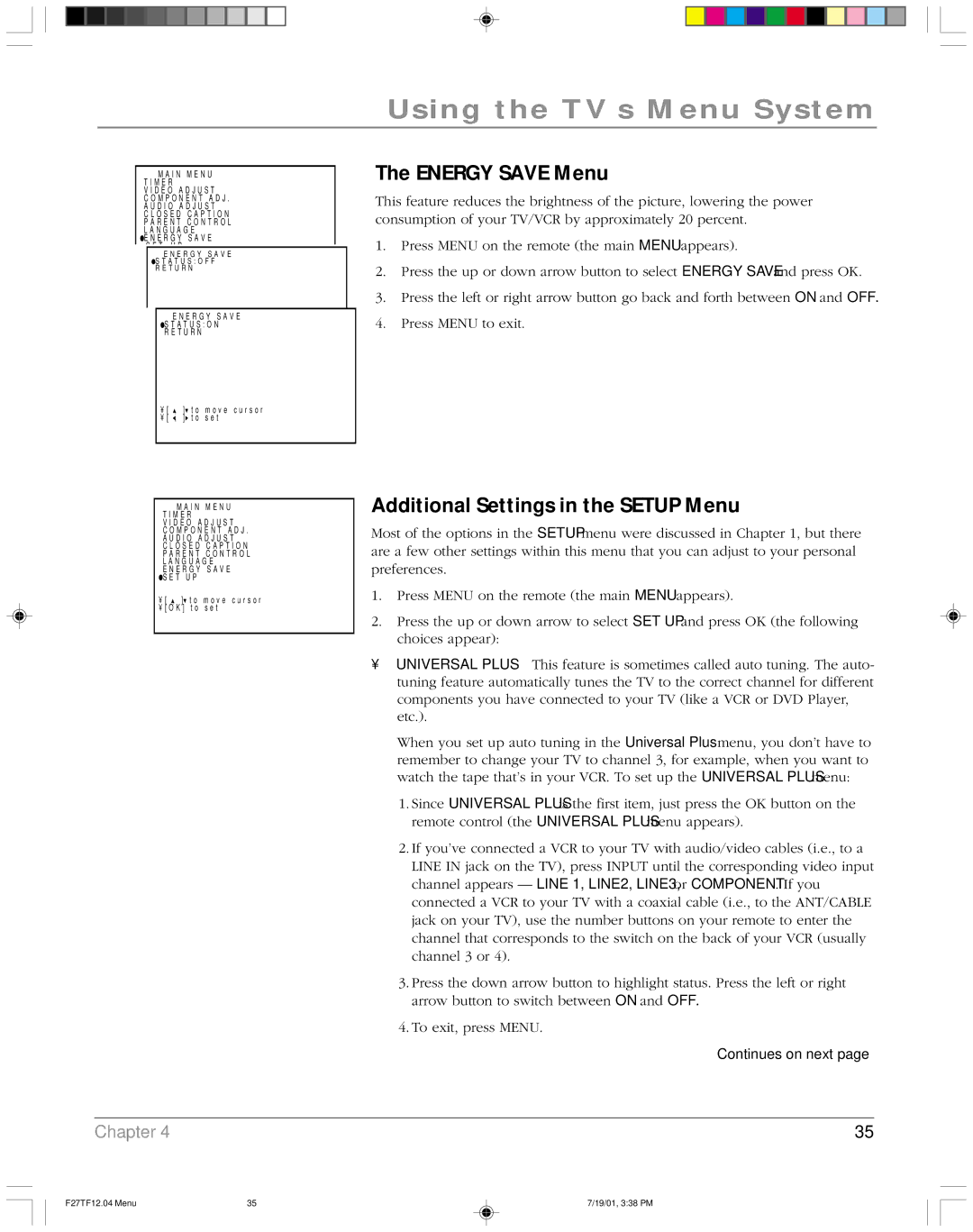 RCA F27TF12 manual Energy Save Menu, Additional Settings in the Setup Menu 