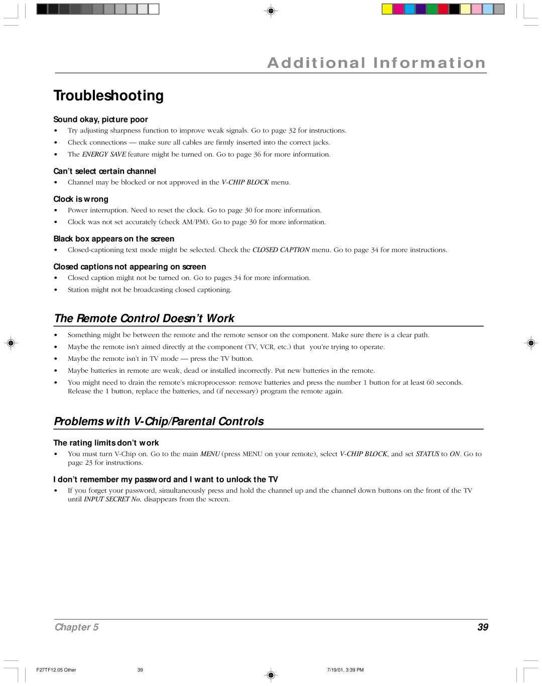 RCA F27TF12 manual Remote Control Doesn’t Work, Problems with V-Chip/Parental Controls 