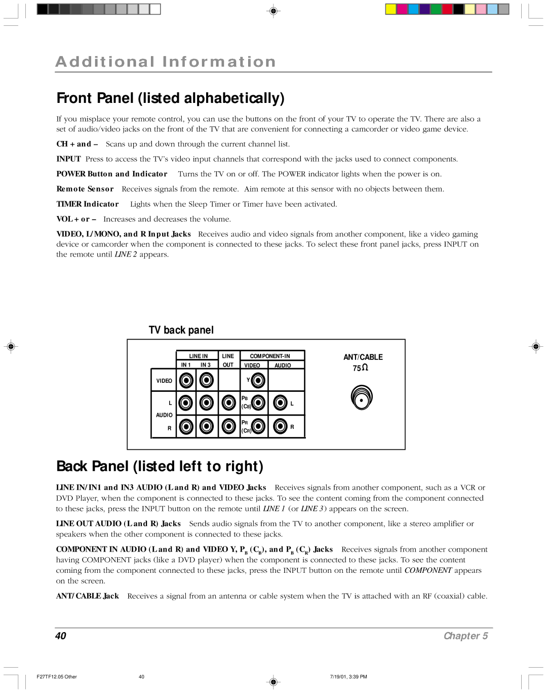 RCA F27TF12 manual Front Panel listed alphabetically, Back Panel listed left to right 