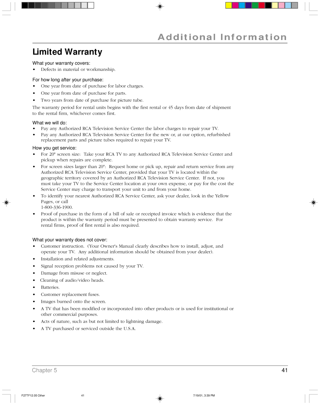 RCA F27TF12 manual Limited Warranty, For how long after your purchase 