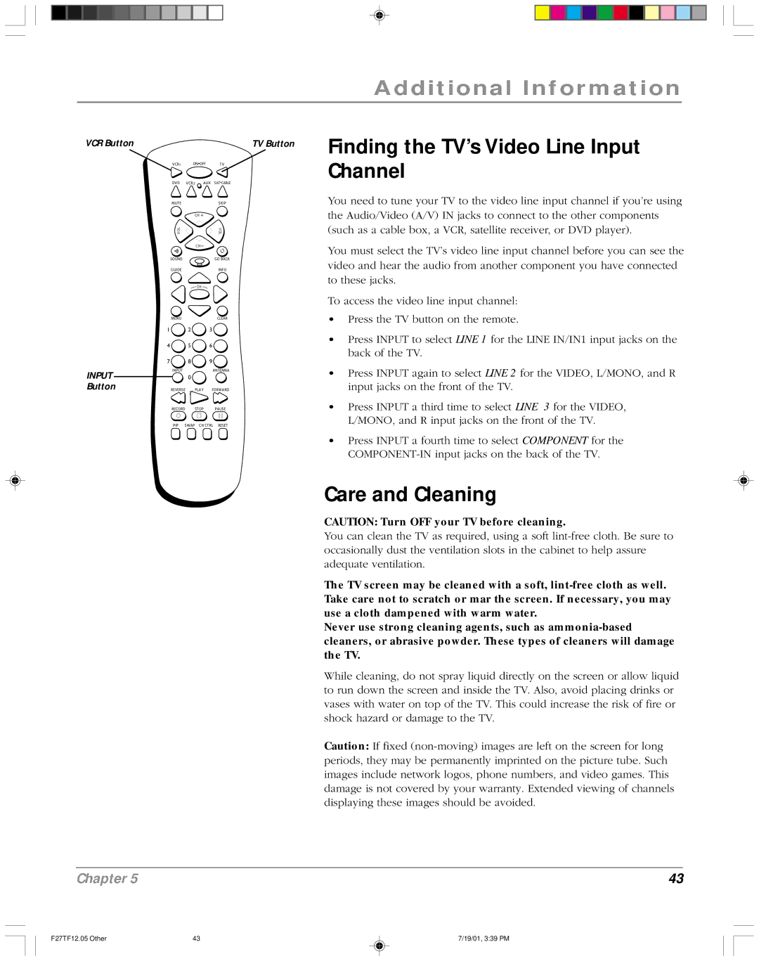 RCA F27TF12 manual Channel, Care and Cleaning 