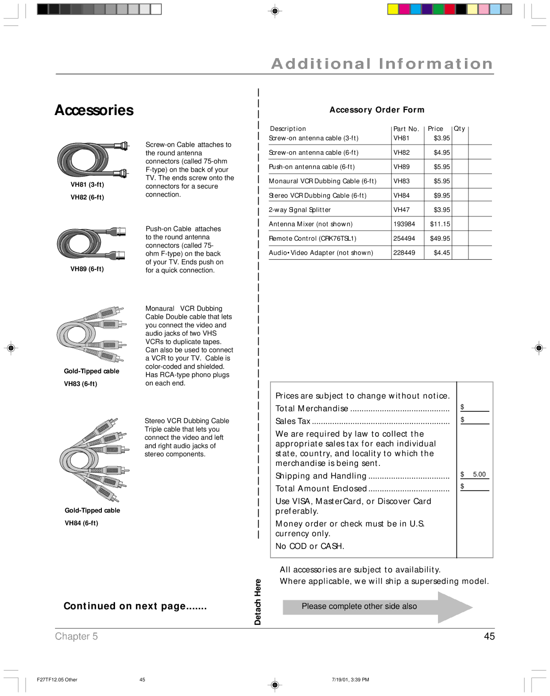 RCA F27TF12 manual Accessories, On next 