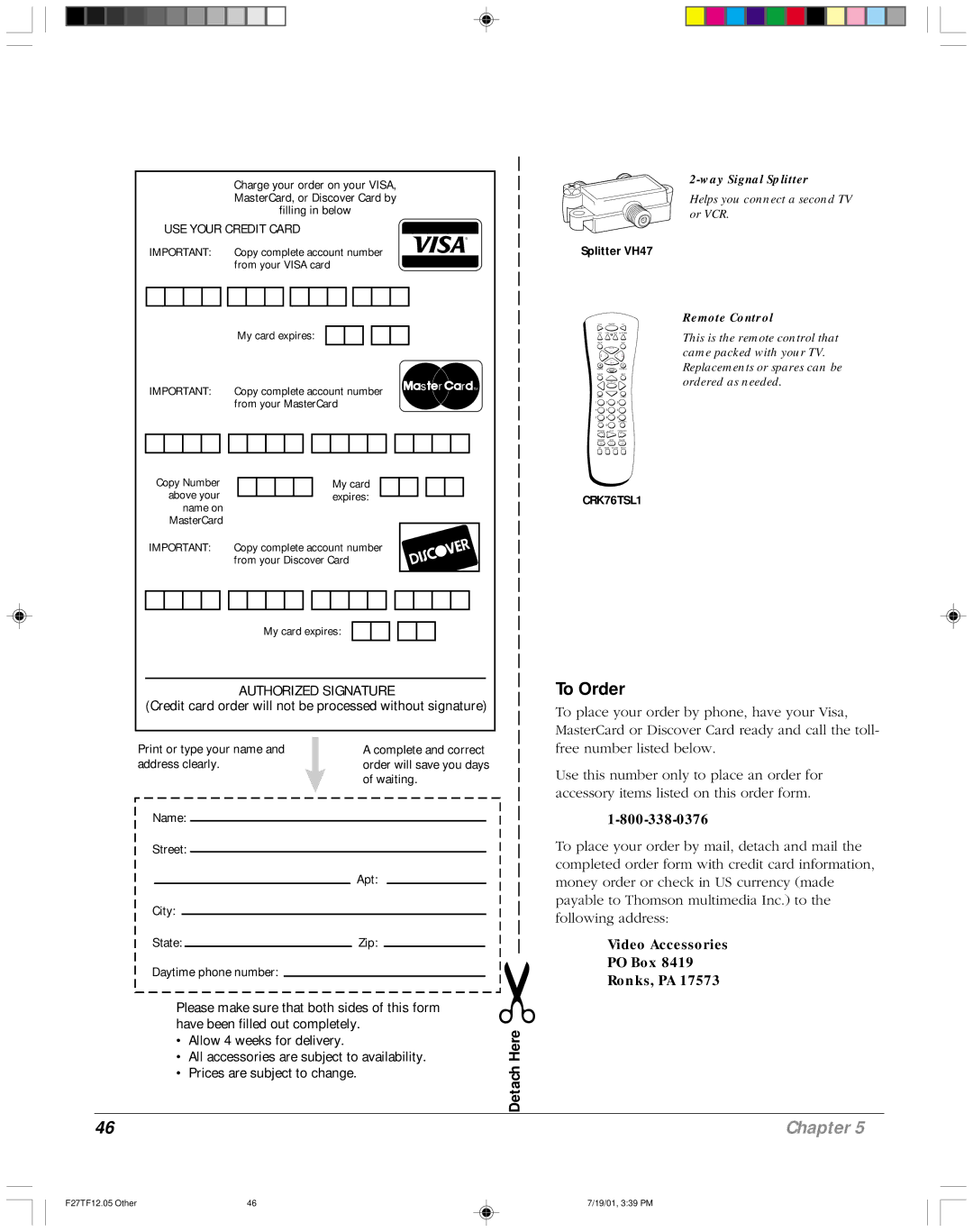 RCA F27TF12 manual To Order, USE Your Credit Card 