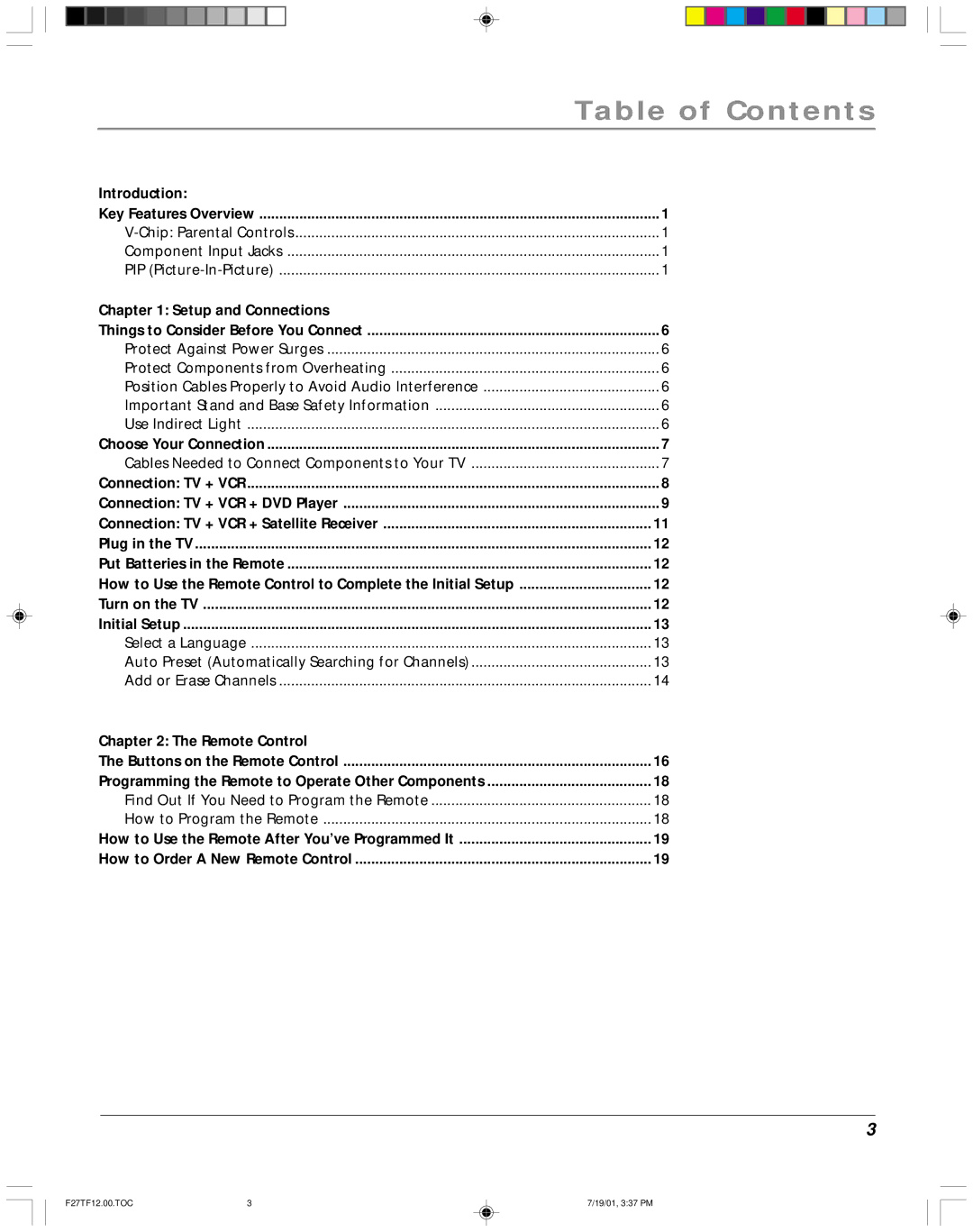 RCA F27TF12 manual Table of Contents 