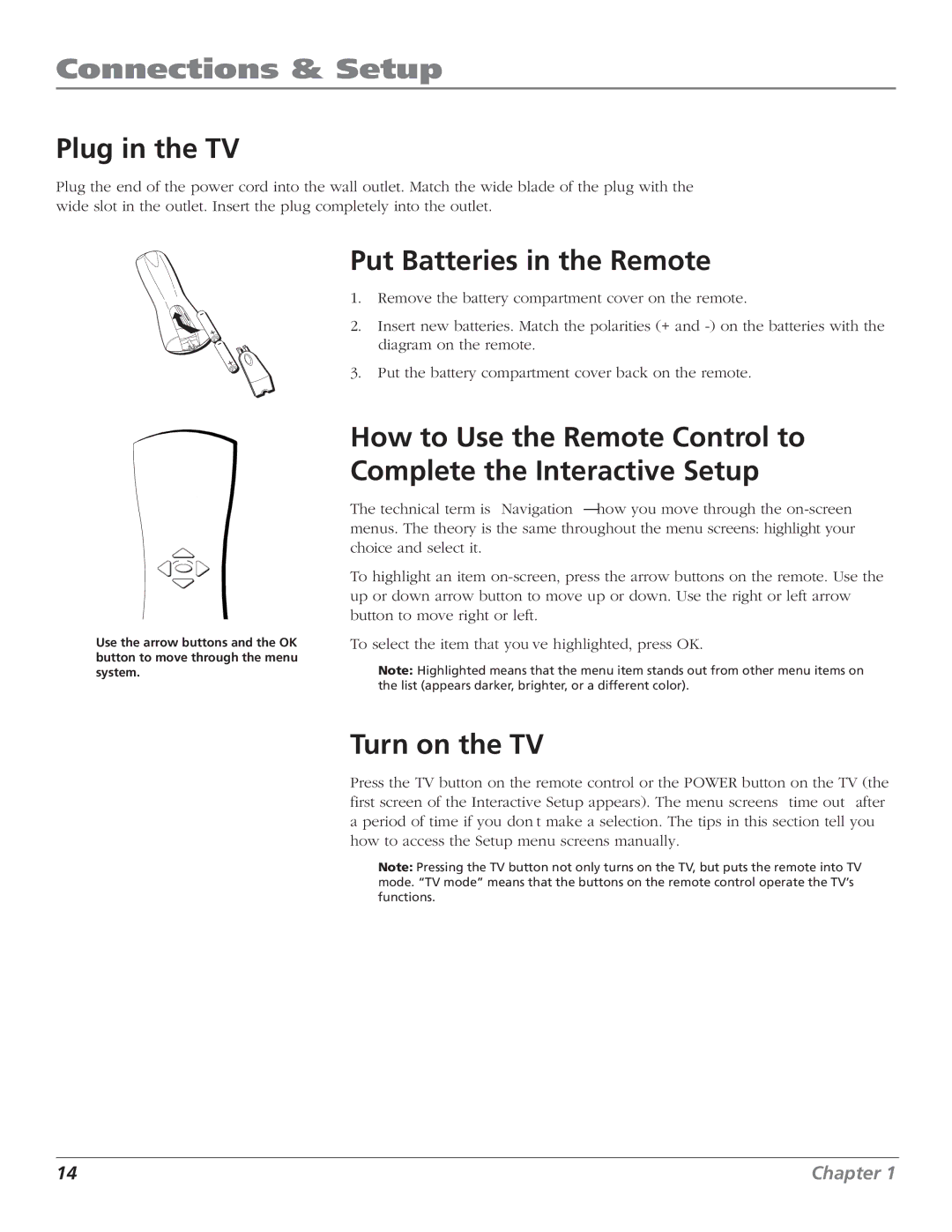 RCA F27TF700, MR51TF20 manual Plug in the TV, Put Batteries in the Remote, Turn on the TV 