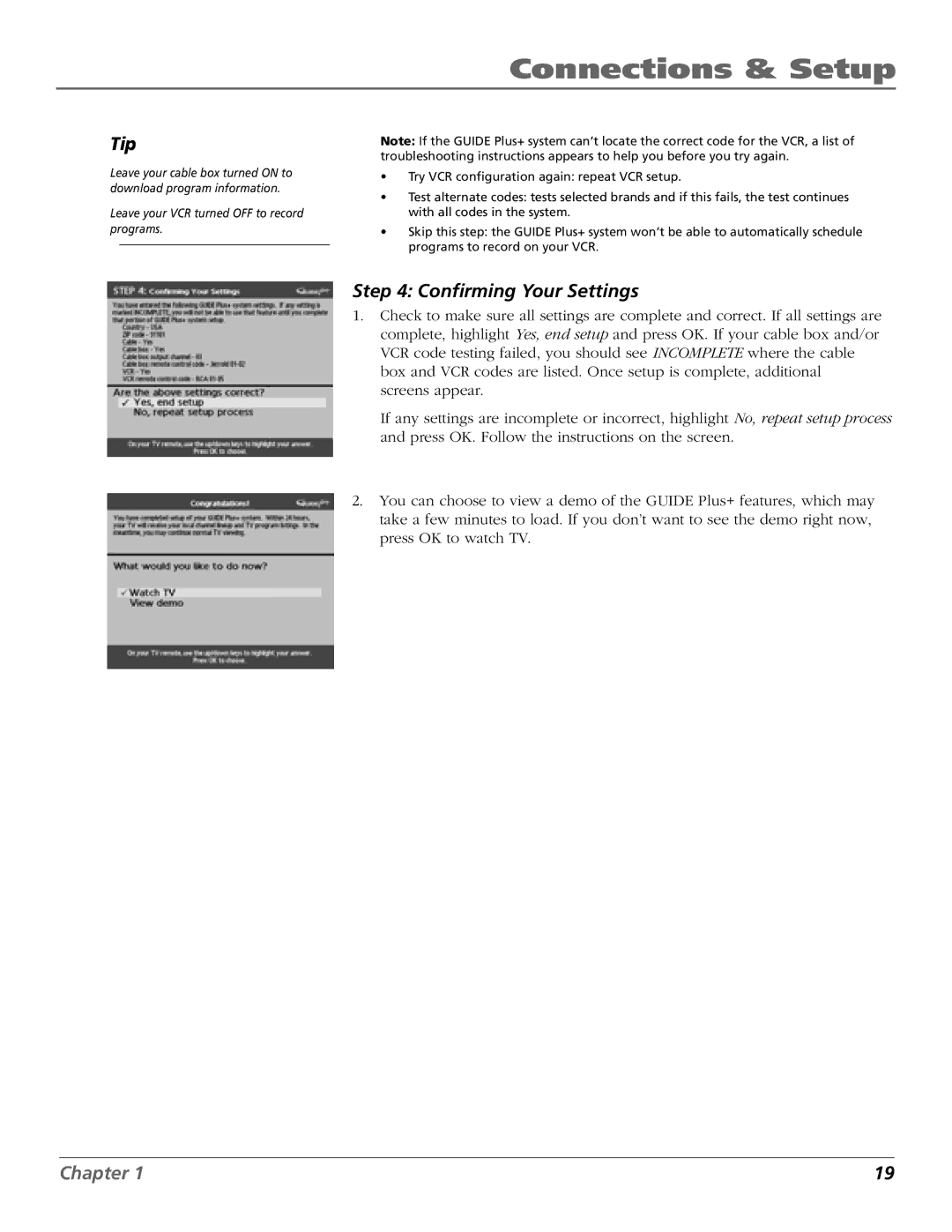 RCA MR51TF20, F27TF700 manual Confirming Your Settings 