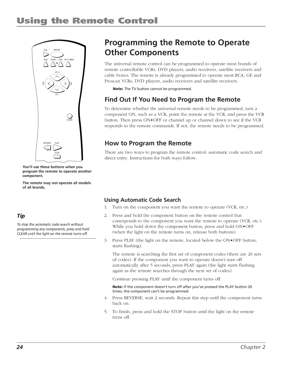 RCA F27TF700, MR51TF20 manual Programming the Remote to Operate Other Components, Find Out If You Need to Program the Remote 