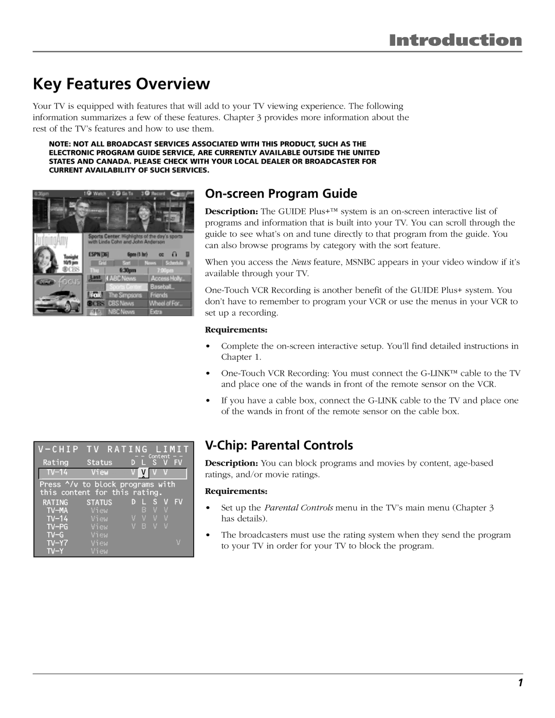 RCA MR51TF20, F27TF700 manual Introduction, Key Features Overview, On-screen Program Guide, Chip Parental Controls 