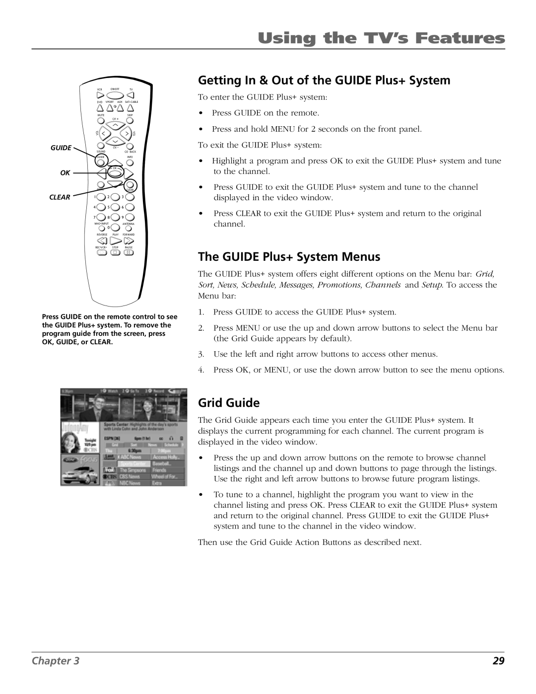 RCA MR51TF20, F27TF700 manual Getting In & Out of the Guide Plus+ System, Guide Plus+ System Menus, Grid Guide 