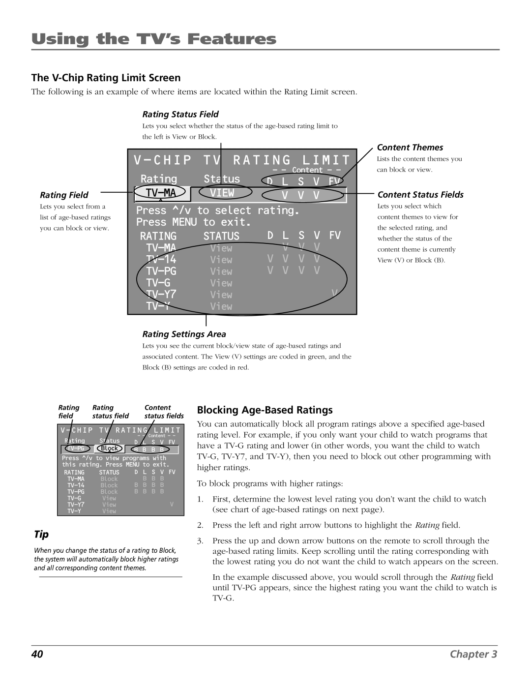 RCA F27TF700, MR51TF20 manual V-Chip Rating Limit Screen, Blocking Age-Based Ratings 