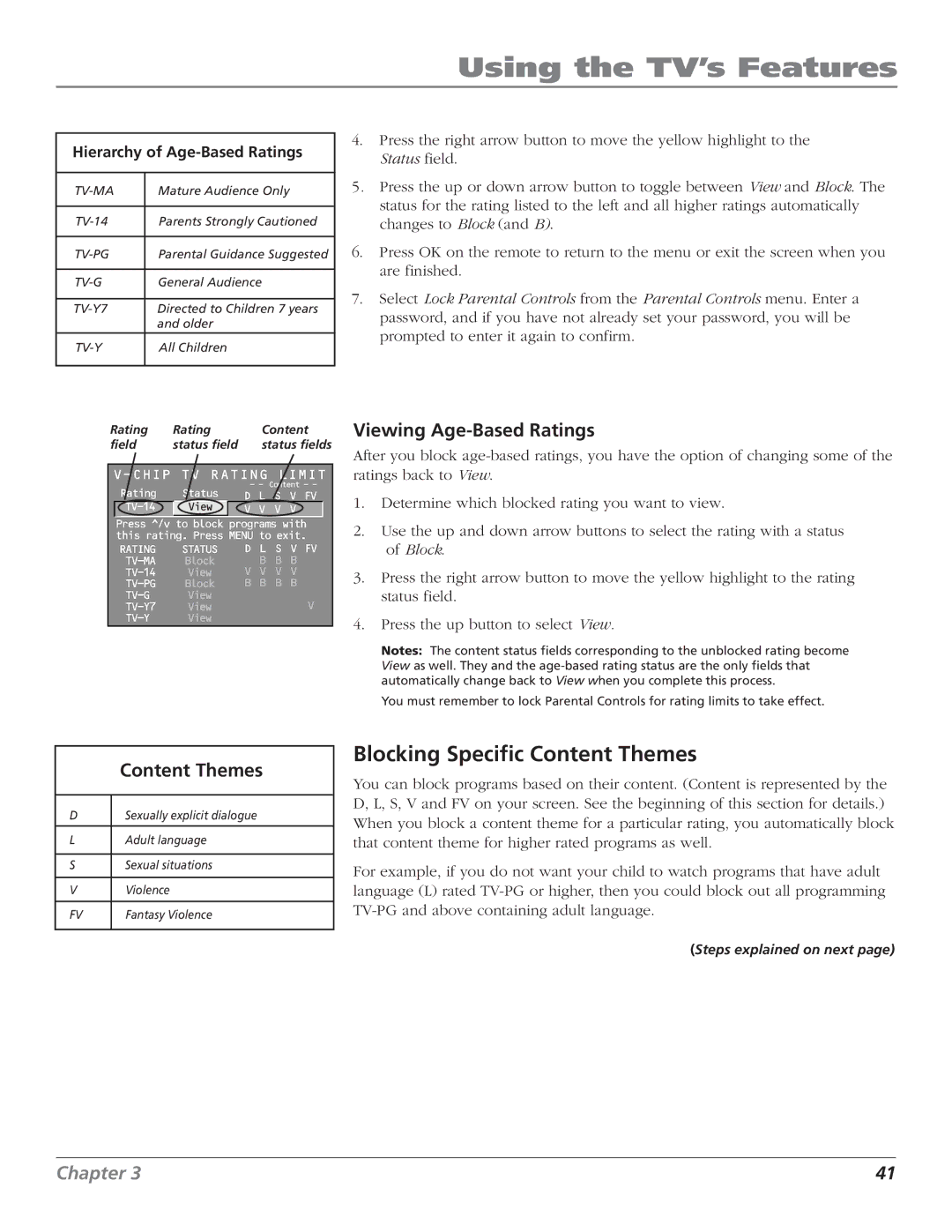 RCA MR51TF20, F27TF700 manual Blocking Specific Content Themes, Viewing Age-Based Ratings 