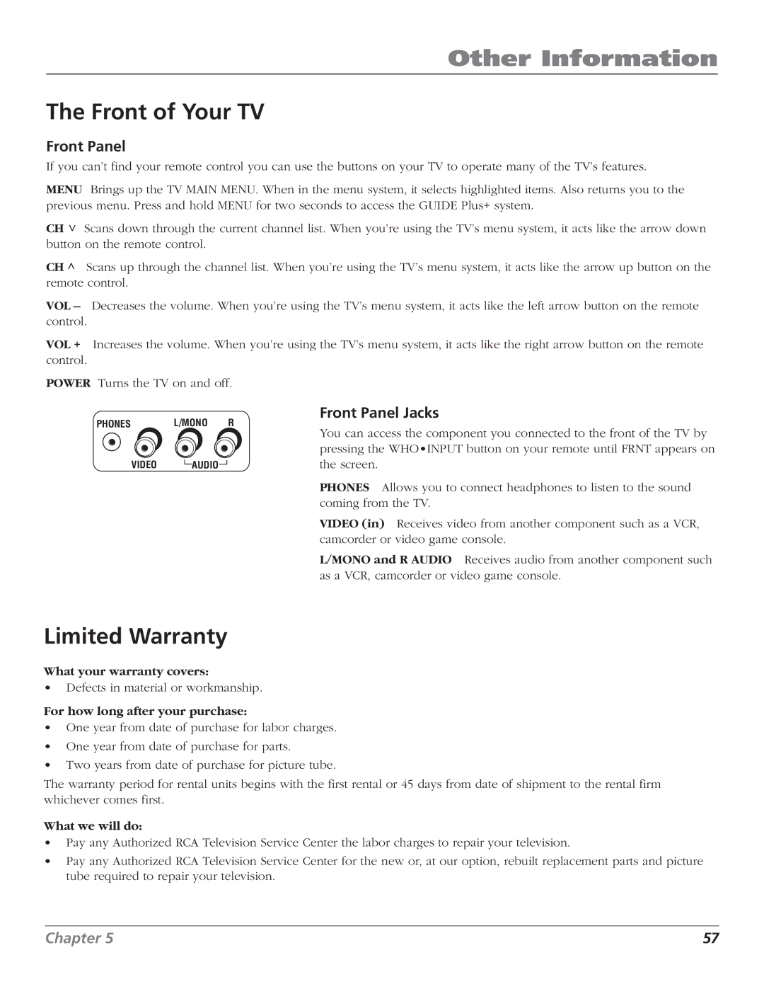 RCA MR51TF20, F27TF700 manual Front of Your TV, Limited Warranty, Front Panel Jacks 