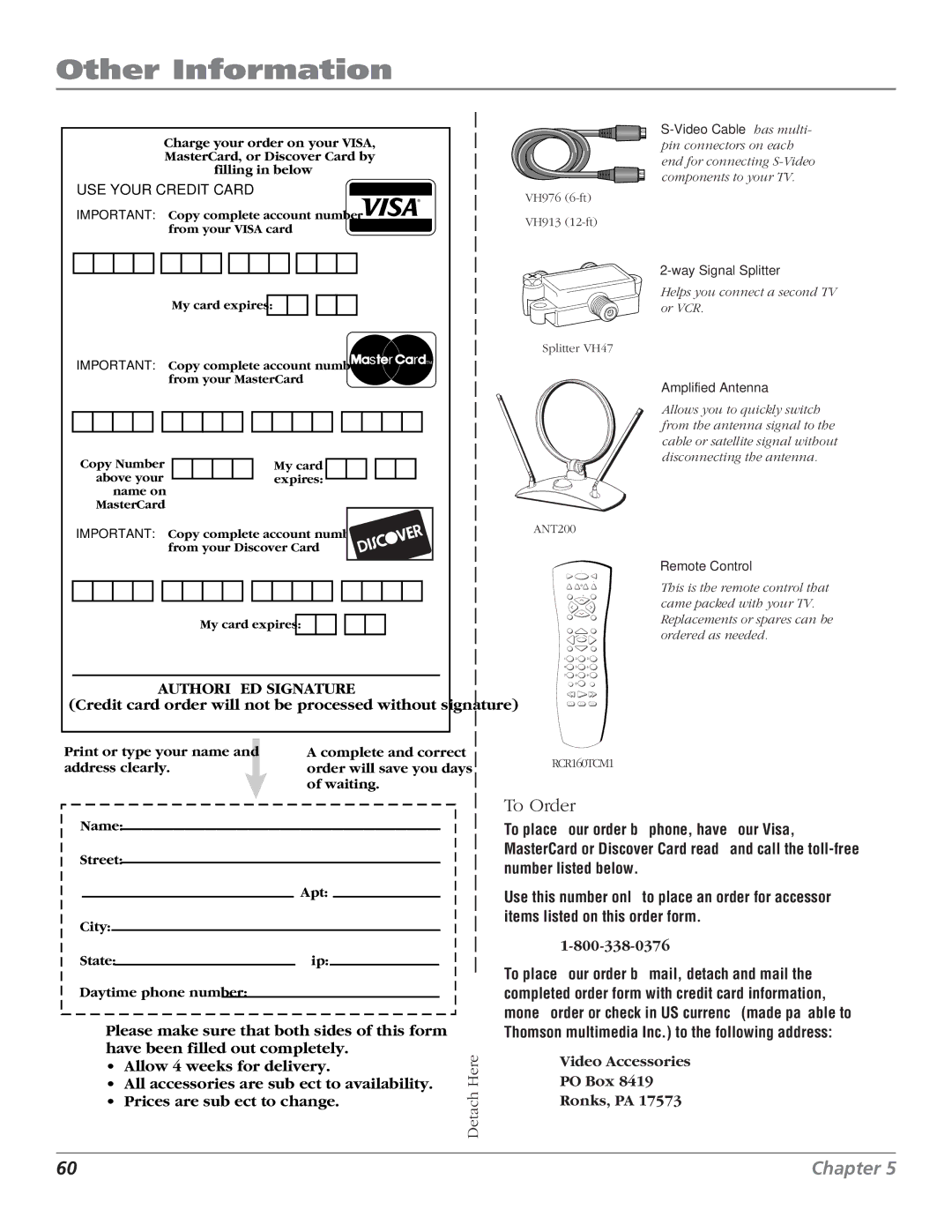 RCA F27TF700, MR51TF20 manual To Order, USE Your Credit Card 