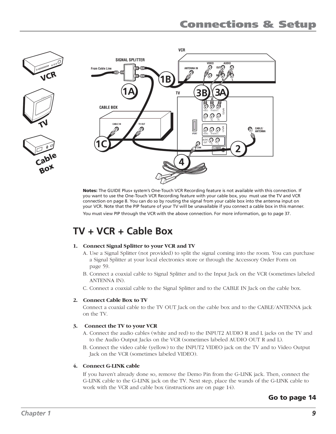 RCA MR68TF720, F27TF720, F32TF720 TV + VCR + Cable Box, Connect Signal Splitter to your VCR and TV, Connect Cable Box to TV 