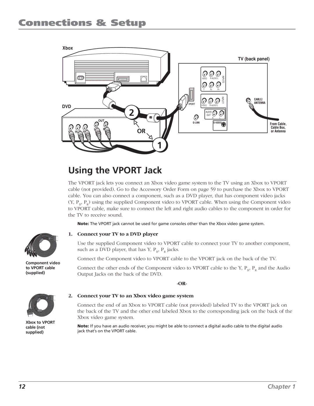 RCA F36TF720, F27TF720 Using the Vport Jack, Connect your TV to a DVD player, Connect your TV to an Xbox video game system 