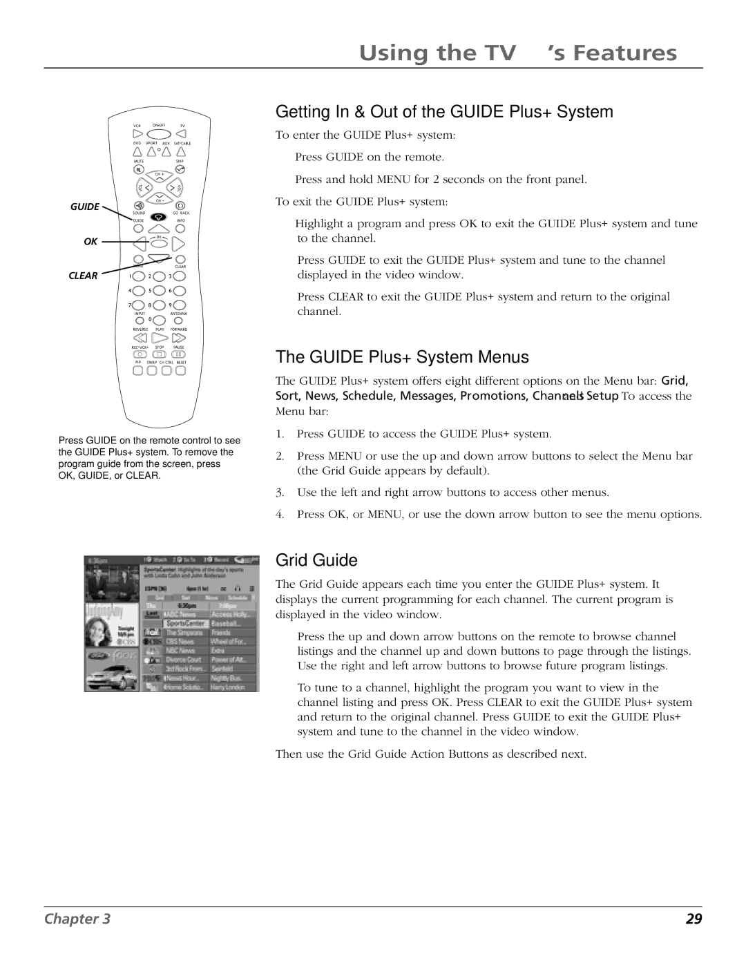 RCA MR68TF720, F27TF720, F32TF720, F36TF720 Getting In & Out of the Guide Plus+ System, Guide Plus+ System Menus, Grid Guide 