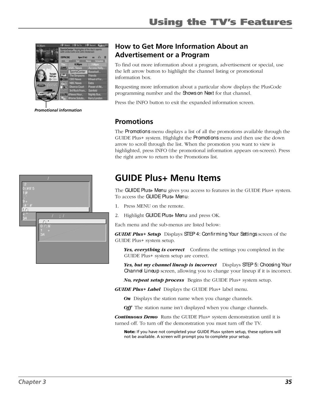 RCA F32TF720, F27TF720, F36TF720, MR68TF720 manual Guide Plus+ Menu Items, Promotions 