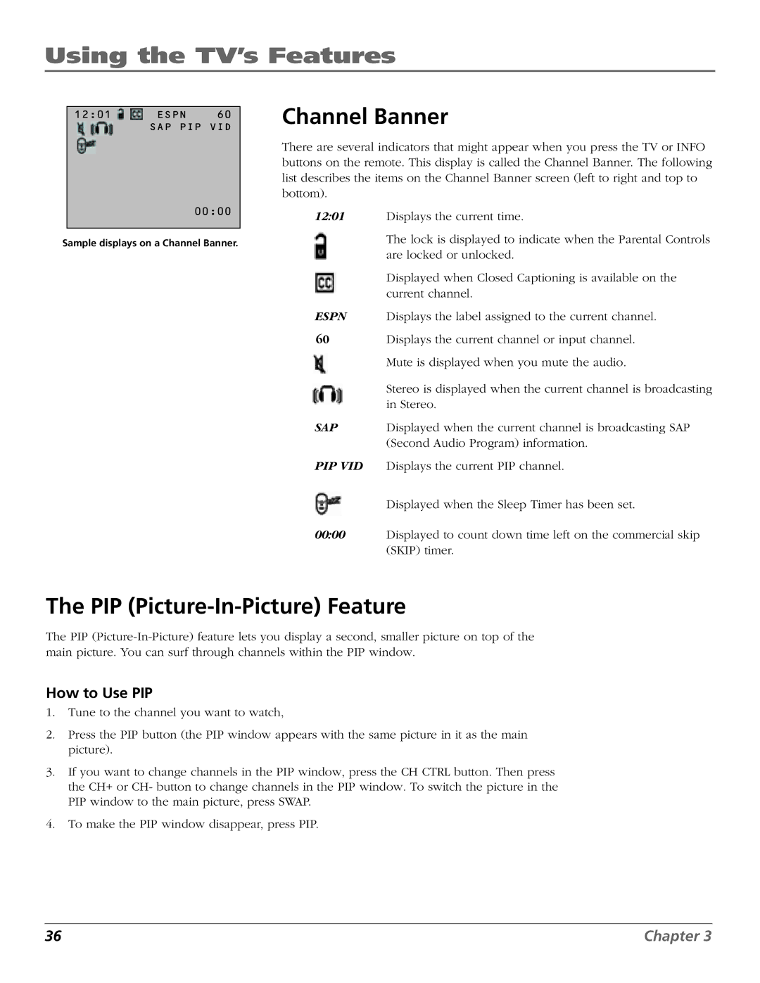 RCA F36TF720, F27TF720, F32TF720, MR68TF720 manual Channel Banner, PIP Picture-In-Picture Feature, How to Use PIP 