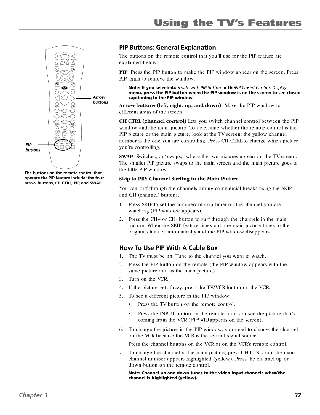 RCA MR68TF720, F27TF720, F32TF720, F36TF720 manual PIP Buttons General Explanation, How To Use PIP With a Cable Box 