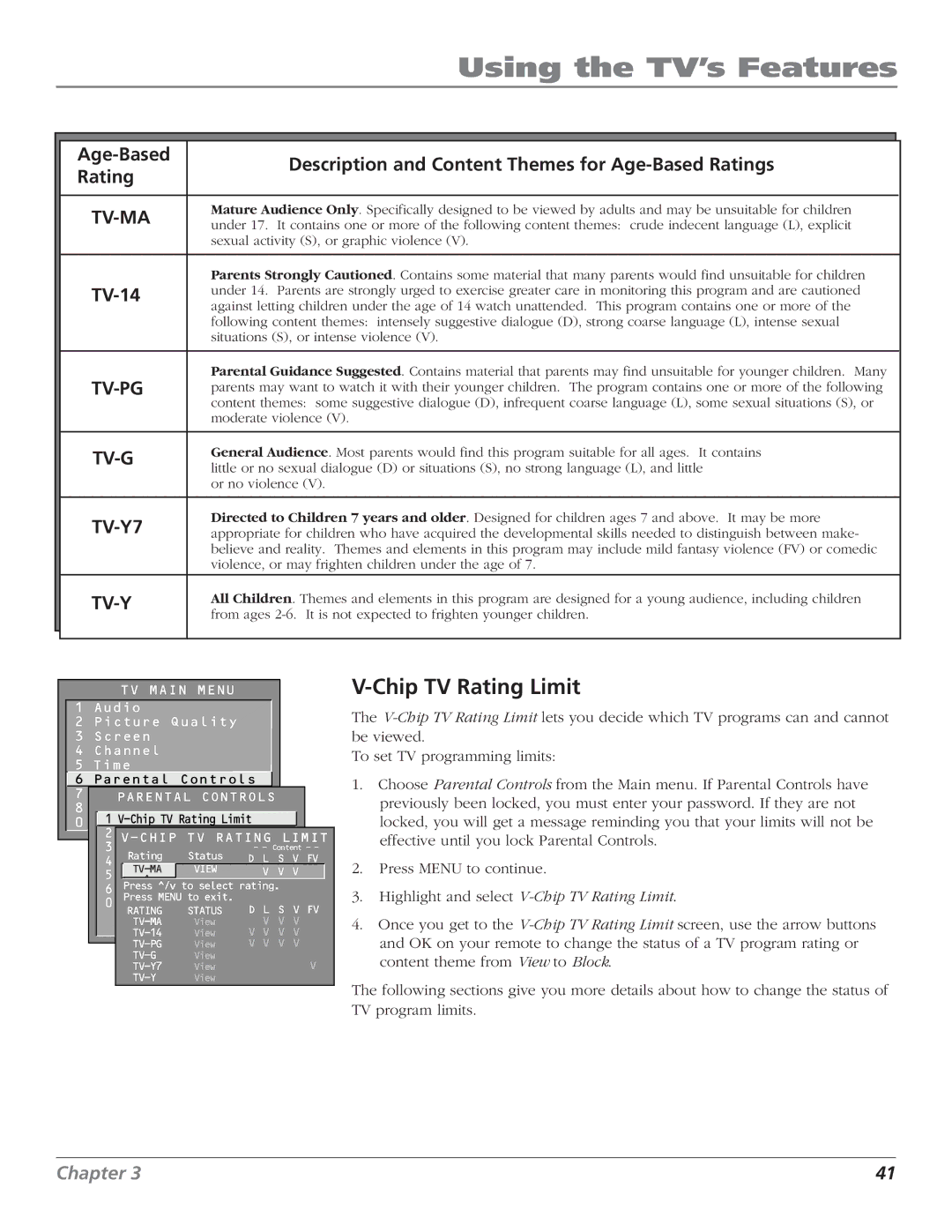 RCA MR68TF720, F27TF720, F32TF720, F36TF720 manual Chip TV Rating Limit, TV-14 