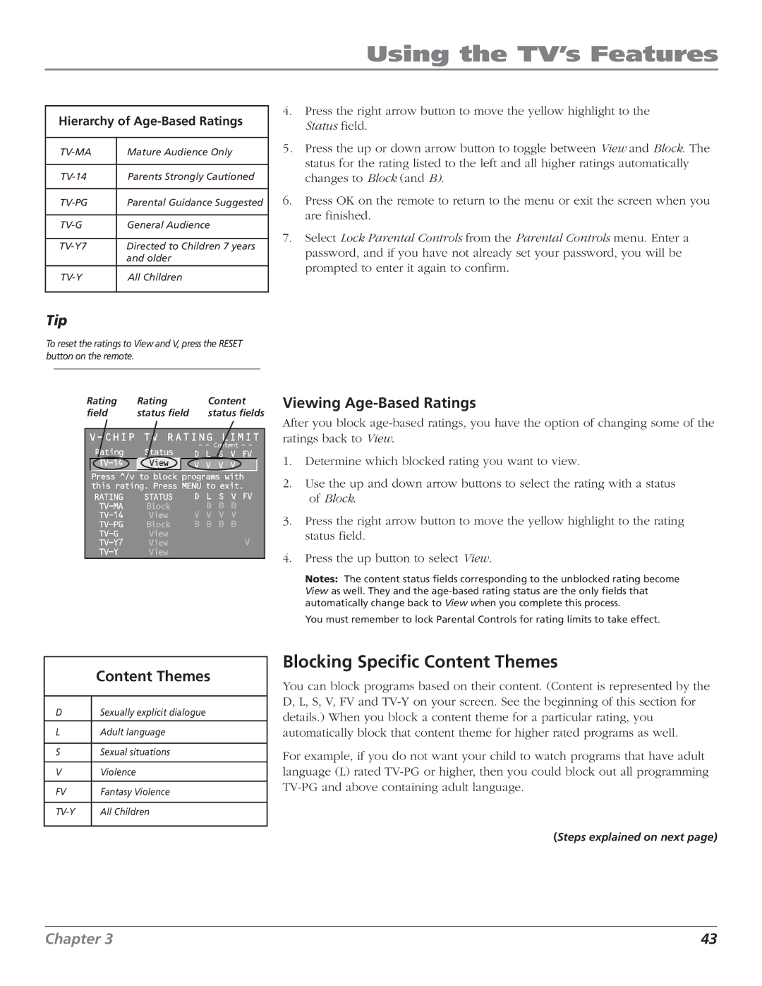 RCA F32TF720, F27TF720, F36TF720, MR68TF720 manual Blocking Specific Content Themes, Viewing Age-Based Ratings 