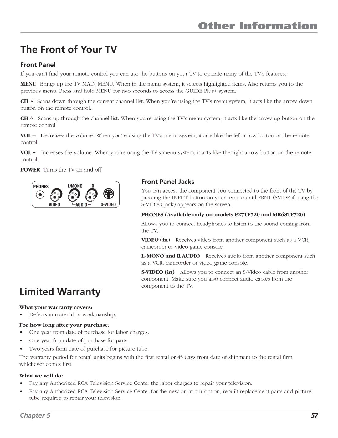 RCA MR68TF720, F27TF720, F32TF720, F36TF720 manual Front of Your TV, Limited Warranty, Front Panel Jacks 