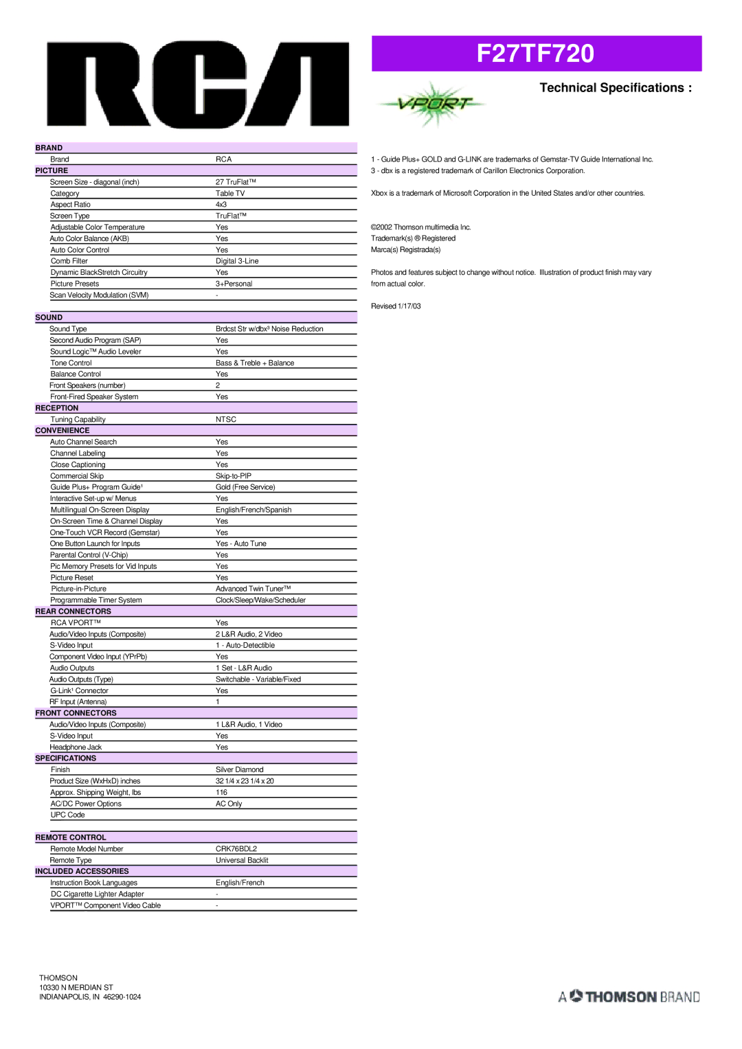 RCA F27TF720 manual Brand, Picture, Sound, Reception, Convenience, Rear Connectors, Front Connectors, Specifications 