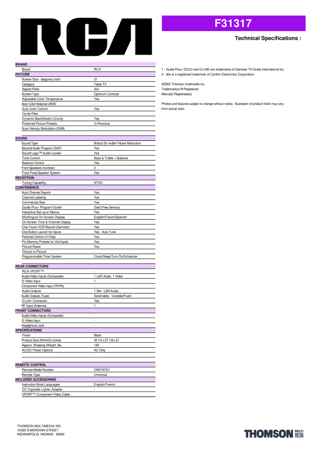 RCA F31317 manual Brand, Picture, Sound, Reception, Convenience, Rear Connectors, Front Connectors, Specifications 