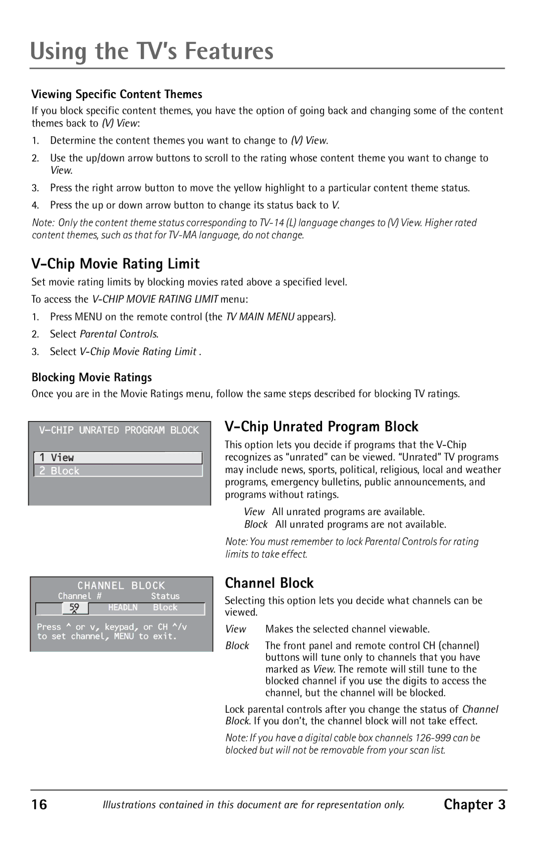 RCA F32343, F27350 Chip Movie Rating Limit, Chip Unrated Program Block, Channel Block, Viewing Specific Content Themes 