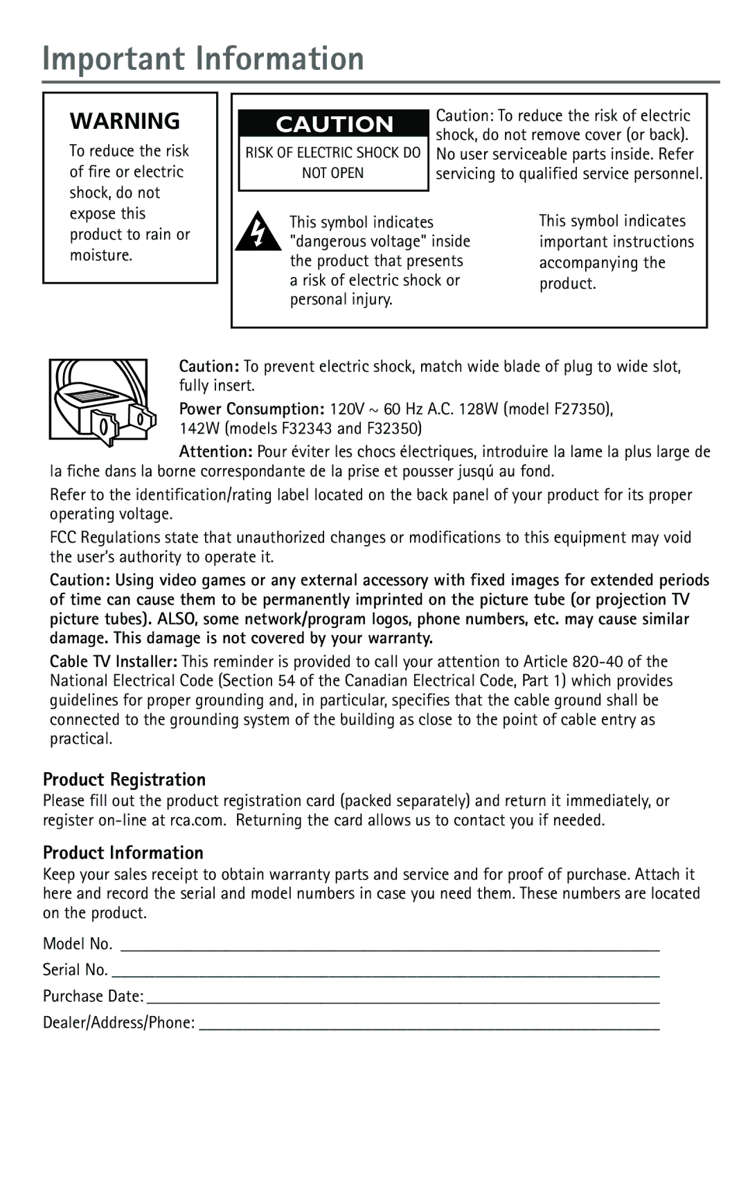 RCA F32350, F32343, F27350 manual Product Registration, Product Information 