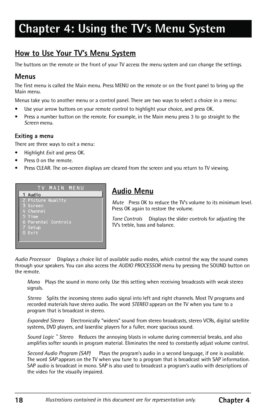 RCA F32350, F32343, F27350 manual How to Use Your TV’s Menu System, Audio Menu, Menus, Exiting a menu 