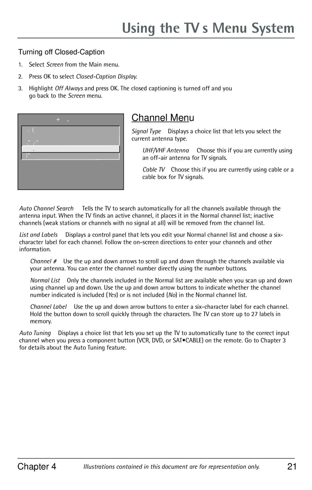 RCA F32350, F32343, F27350 manual Channel Menu, Turning off Closed-Caption 