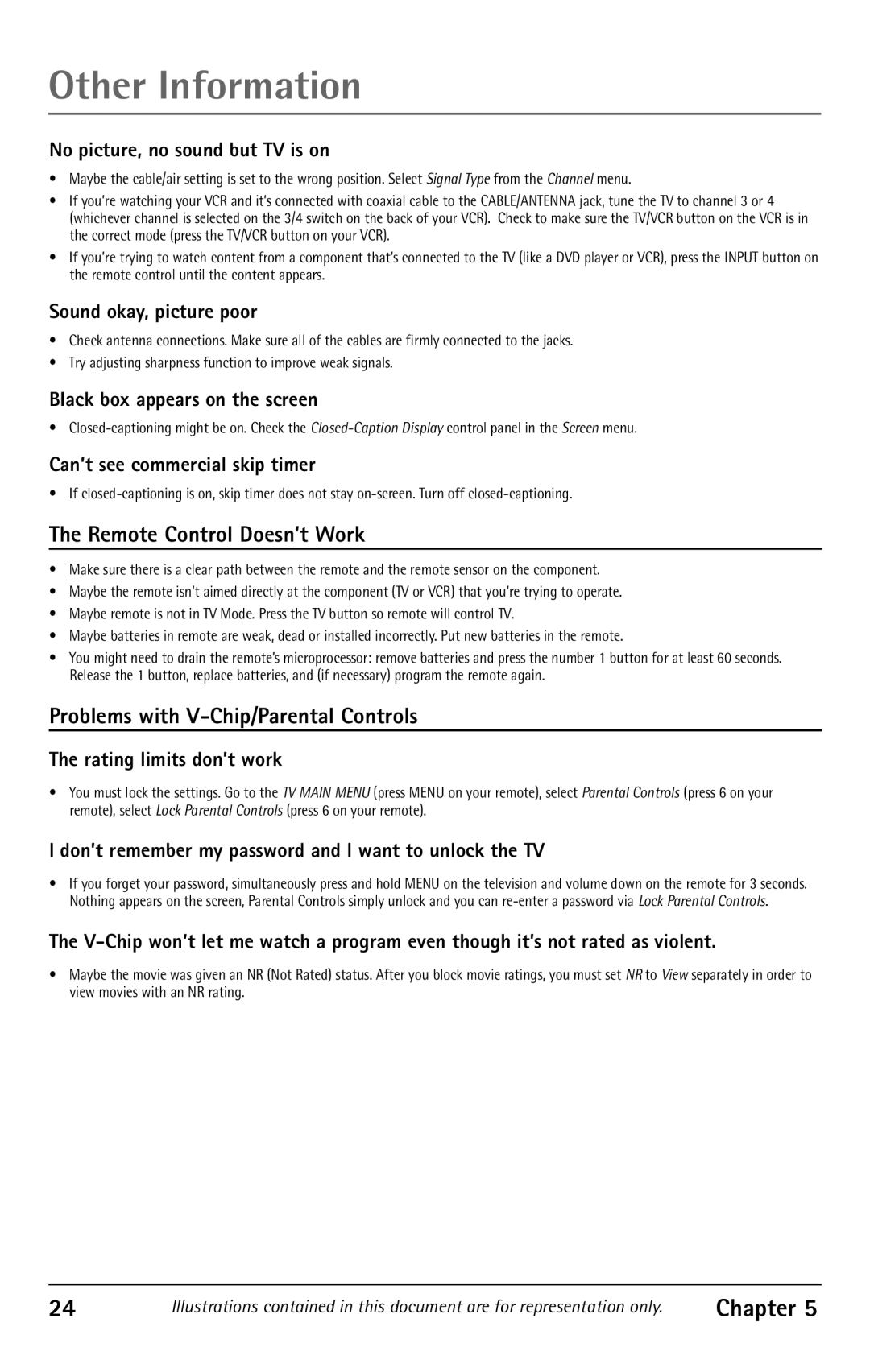 RCA F32350, F32343, F27350 manual Remote Control Doesn’t Work, Problems with V-Chip/Parental Controls 