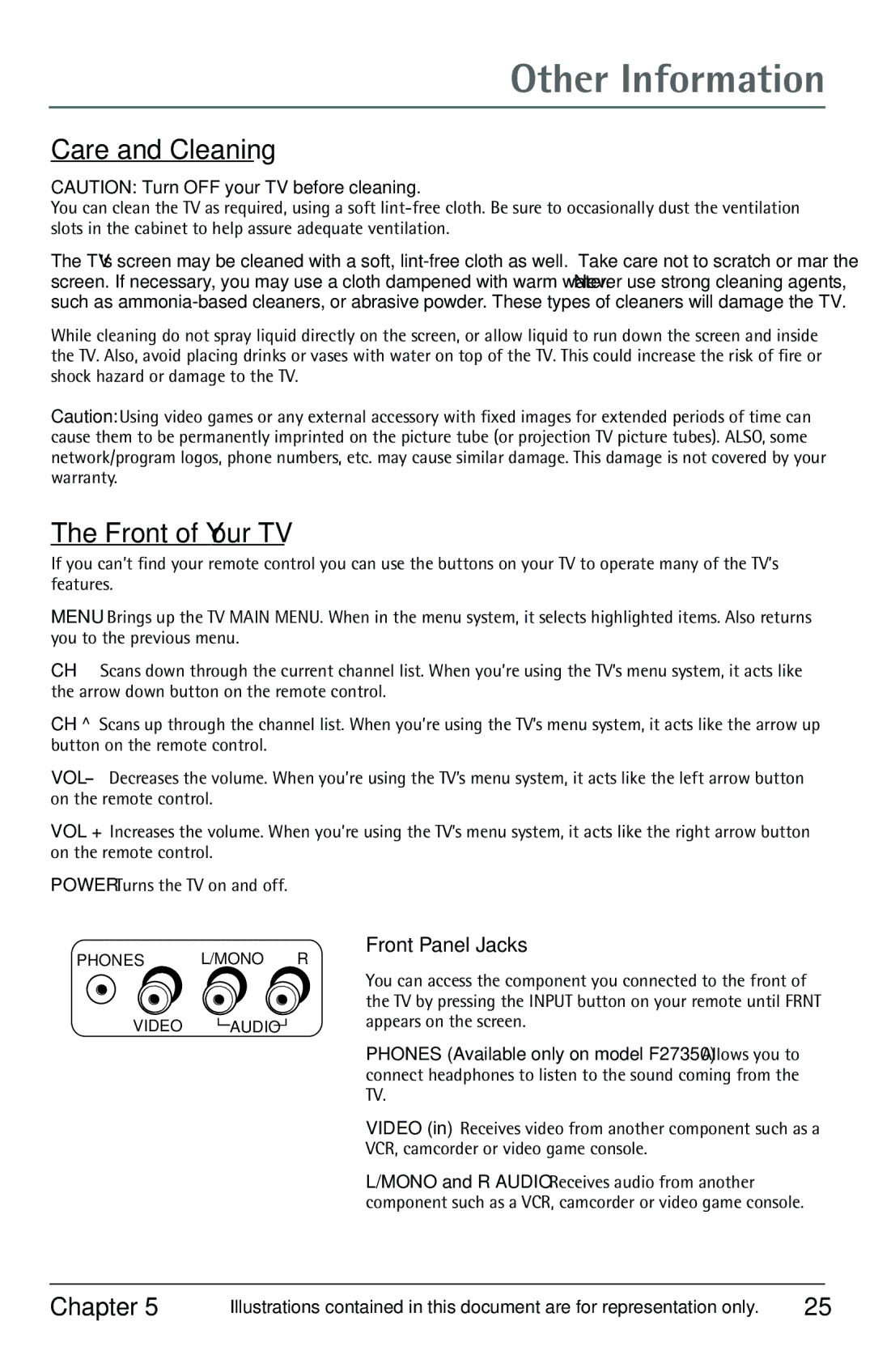 RCA F32343, F27350, F32350 manual Care and Cleaning, Front of Your TV, Front Panel Jacks 