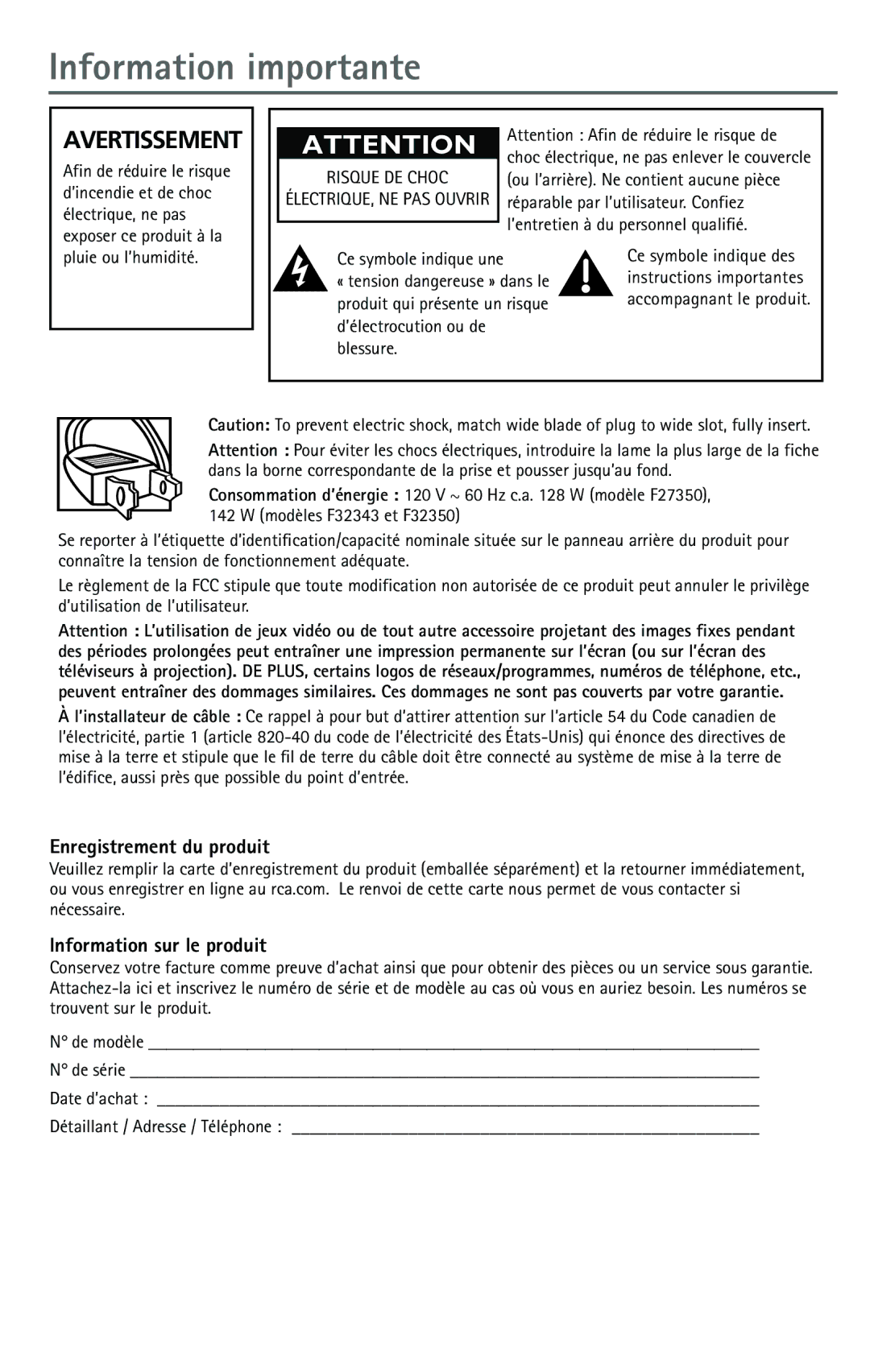 RCA F27350, F32343, F32350 manual Enregistrement du produit, Information sur le produit 