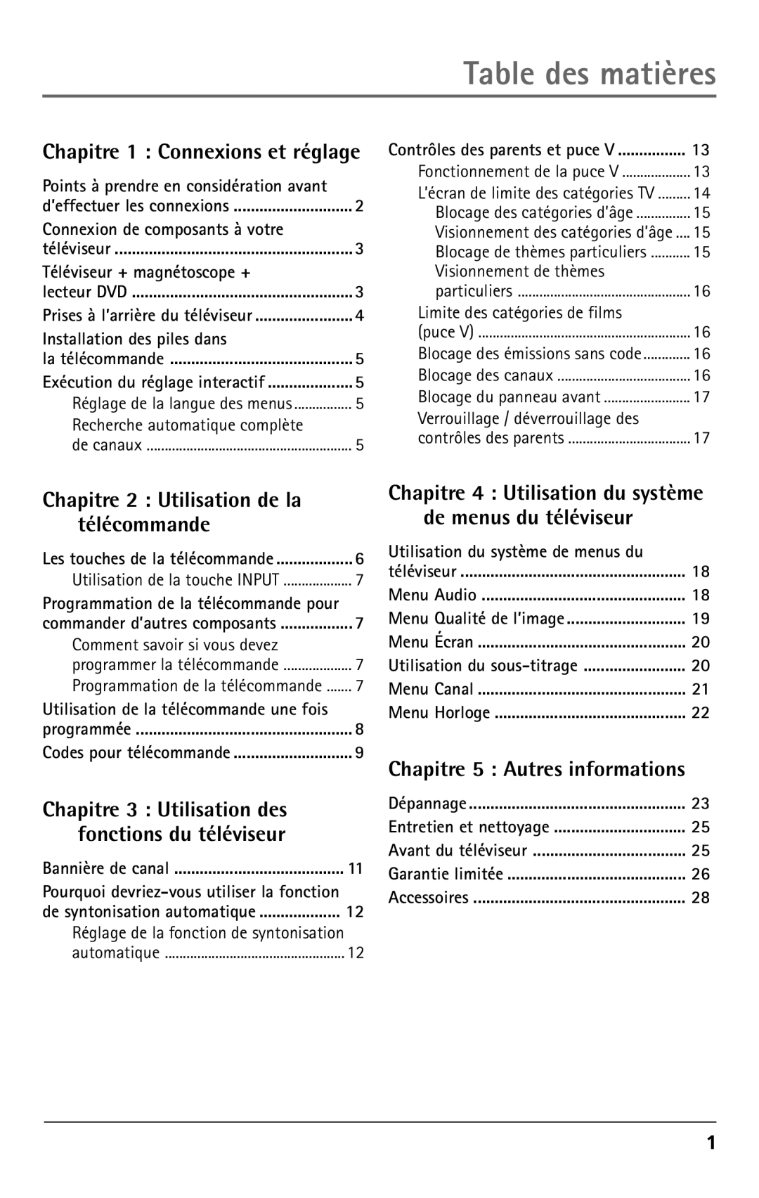 RCA F32350, F32343, F27350 manual Table des matières, Chapitre 2 Utilisation de la Télécommande 