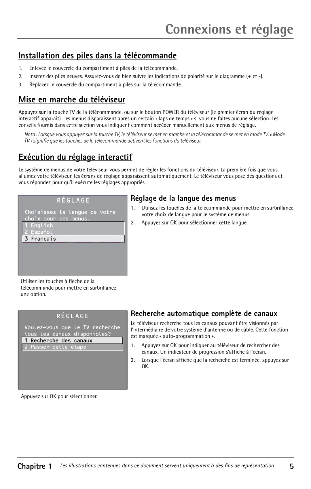 RCA F32343 Installation des piles dans la télécommande, Mise en marche du téléviseur, Exécution du réglage interactif 