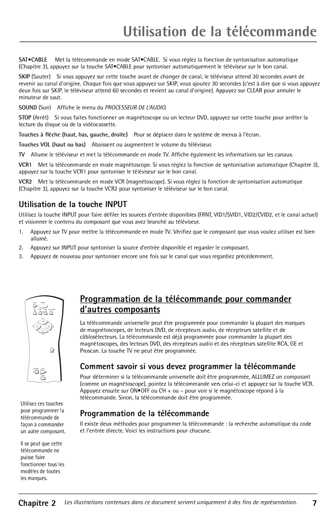 RCA F32350, F32343, F27350 Utilisation de la télécommande, Utilisation de la touche Input, Programmation de la télécommande 