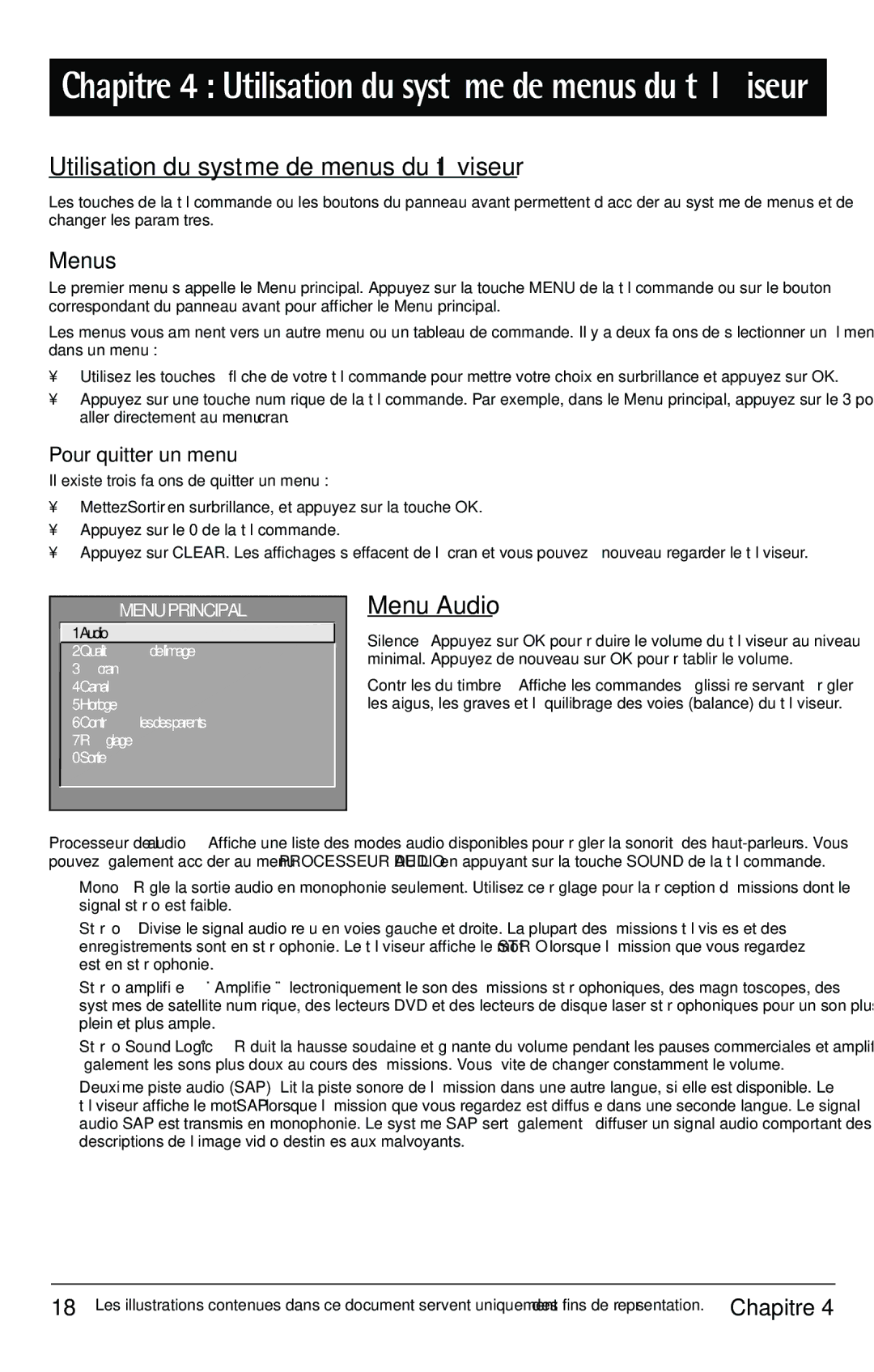 RCA F27350, F32343, F32350 manual Utilisation du système de menus du téléviseur, Menu Audio, Menus, Pour quitter un menu 