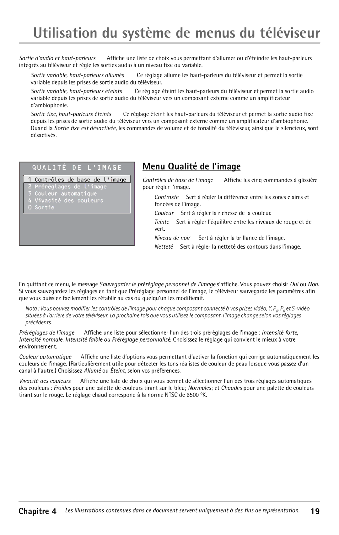 RCA F32350, F32343, F27350 manual Utilisation du système de menus du téléviseur, Menu Qualité de l’image 