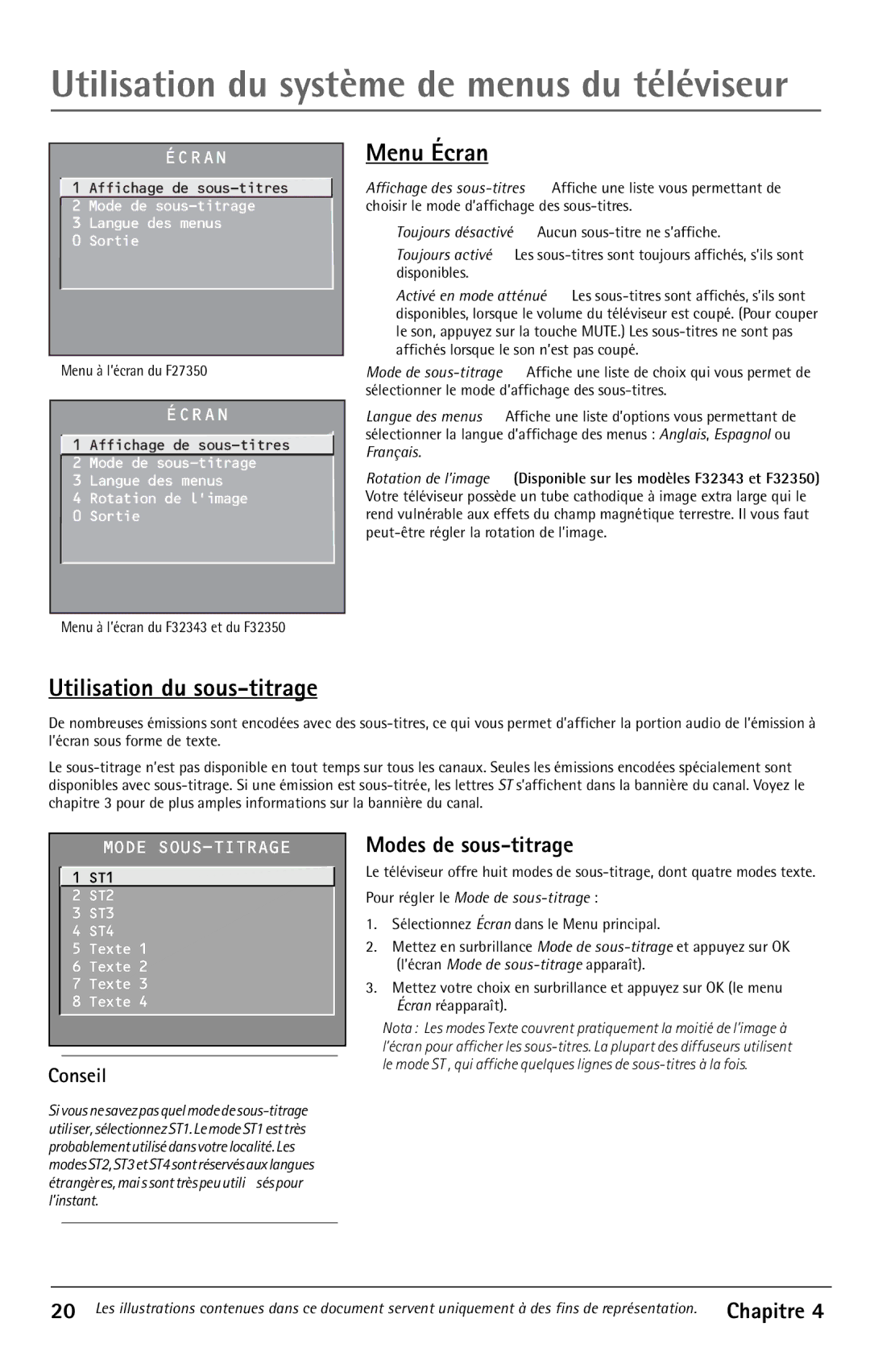 RCA F32343, F27350, F32350 manual Menu Écran, Utilisation du sous-titrage, Modes de sous-titrage, Conseil 