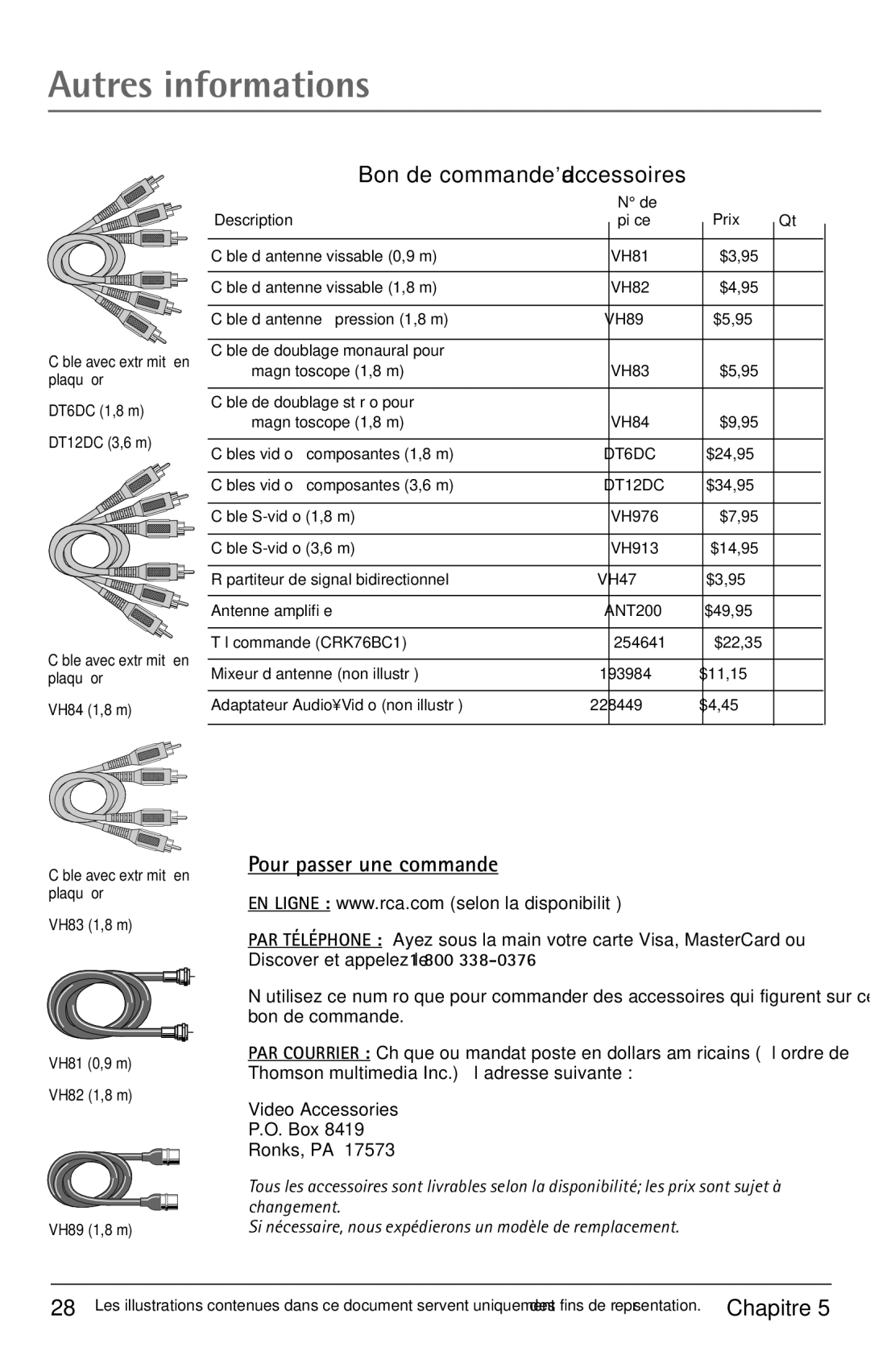 RCA F32350, F32343, F27350 manual Bon de commande d’accessoires, Pour passer une commande 