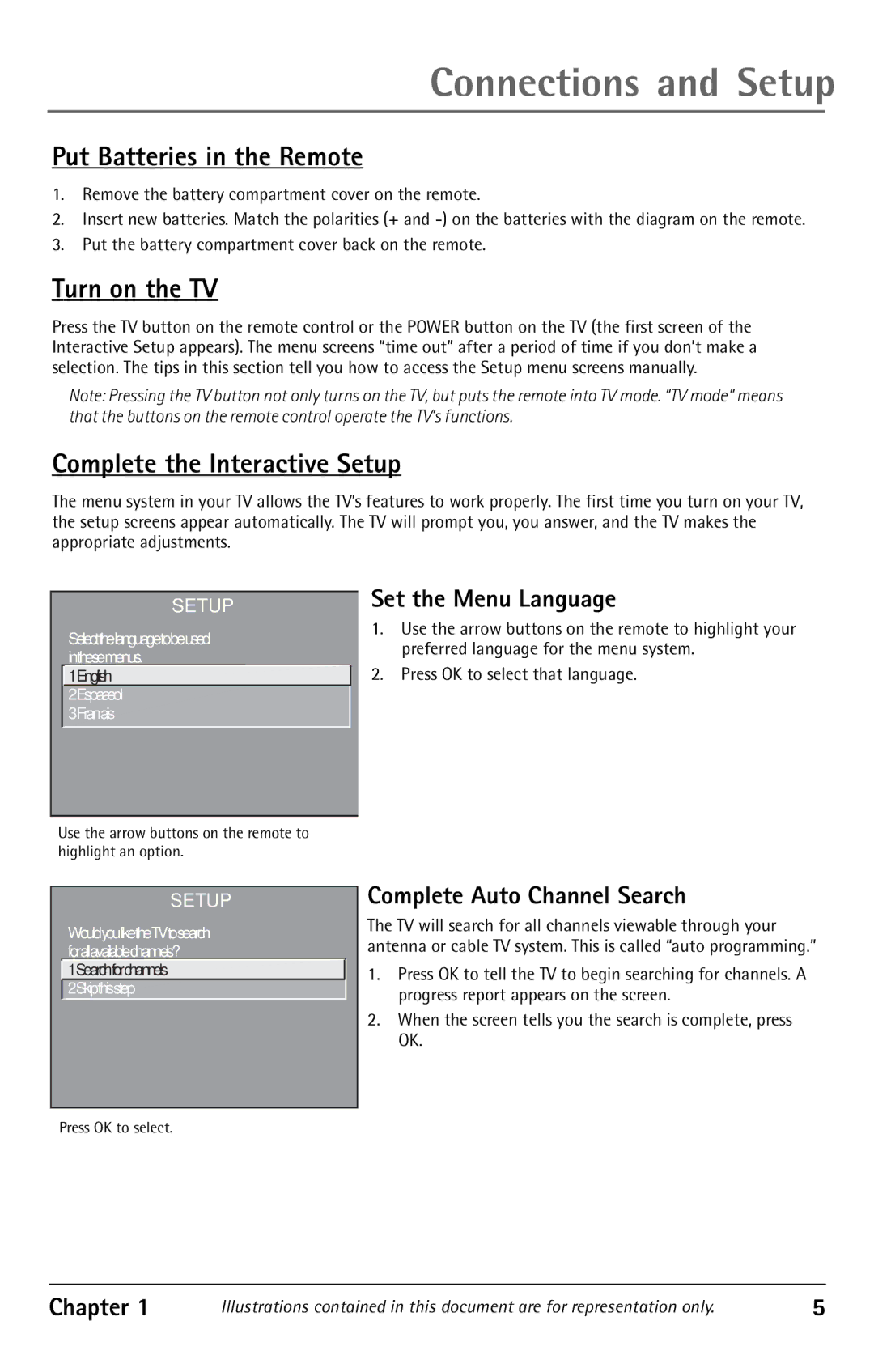 RCA F27350, F32343 manual Put Batteries in the Remote, Turn on the TV, Complete the Interactive Setup, Set the Menu Language 